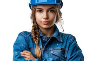 bonita jovem de braços cruzados fêmea engenheiro dentro azul vestuário de trabalho e segurança capacete em isolado transparente fundo png