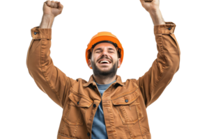 Young constructor man wearing uniform and security helmet with arms raised on isolated transparent background png