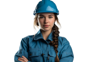 Pretty young cross-armed female engineer in blue workwear and safety helmet on isolated transparent background png