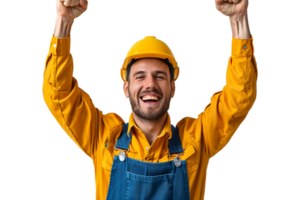 Young constructor man wearing uniform and security helmet with arms raised on isolated transparent background png