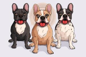 Hand drawn three cute dogs breed French Bulldogs sitting and panting, full length isolated on white vector