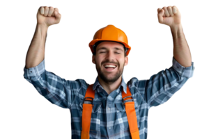 Young constructor man wearing uniform and security helmet with arms raised on isolated transparent background png