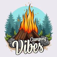 Hand drawn camping vibes with fire over trees and sunset, Mounting outdoor adventure and hiking vector