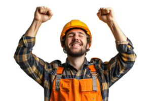 Young constructor man wearing uniform and security helmet with arms raised on isolated transparent background png