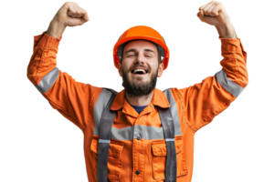 Young constructor man wearing uniform and security helmet with arms raised on isolated transparent background png