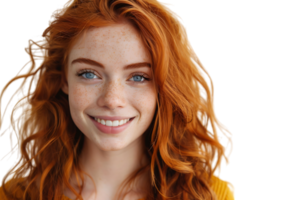 Portrait of young redhead woman smiling on isolated transparent background png