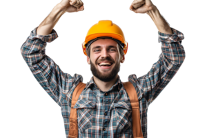 Jeune constructeur homme portant uniforme et Sécurité casque avec bras élevé sur isolé transparent Contexte png