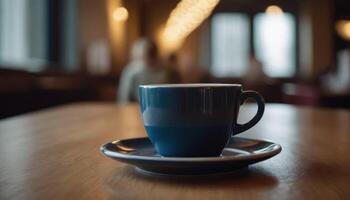 Cafe hot cup of coffee on a saucer on a dark background, casting a thin shadow. Bokeh in the background. photo