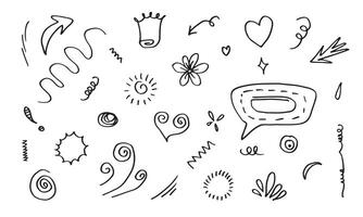 Hand drawn set elements, black on white background. Arrow, heart, love, star, leaf, sun, light, flower, crown, king, queen,Swishes, swoops, emphasis ,swirl, heart, for concept design. vector