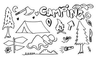 Elementos de camping y senderismo dibujados a mano, aislados en fondo blanco. Iconos de garabatos de camping boceto hecho a mano. vector