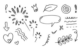 hand drawn set element,black on white background.arrow,leaves,speech bubble,heart,light,king,emphasis,swirl,for concept design. vector