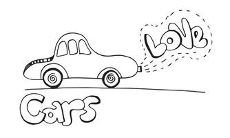 Cartoon car blowing exhaust smoke with love lettering. Hand drawn sketch illustration isolated on a white background vector