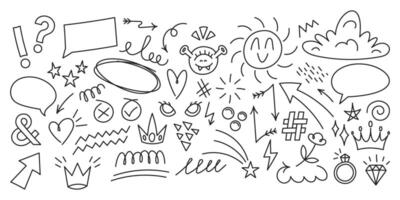 Sketch line arrow element, star, heart shape. Hand drawn circle in doodle sketch style, set of grunge cloud speech bubble elements. Arrow, star, heart shaped decoration. illustration vector