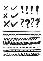 Doodle lines and curves. Hand drawn check and exclamation mark. Set of simple doodle lines, question mark and spots. Collection of pencil effects.Simple doodle set. vector