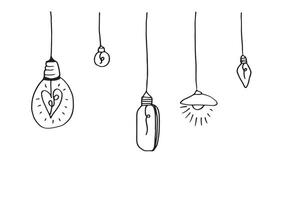 Hand drawn light bulb icons with concept of idea. Doodle style. vector