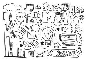 line art Doodle cartoon set of objects and symbols on the Social Media theme. vector