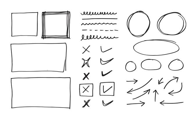 Doodle lines and curves.Hand drawn check and arrows signs. Set of simple doodle lines, curves, frames and spots. Collection of pencil effects. Doodle border. Simple doodle set.