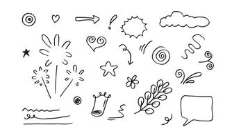 mano dibujado conjunto elemento, negro en blanco fondo.flecha,hojas,discurso burbuja,corazón,luz,rey,nube,estrella,énfasis,remolino,para concepto diseño. vector