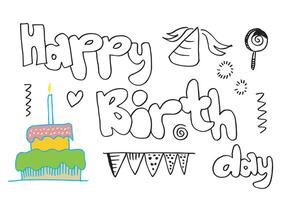 set of hand drawn doodle cartoon objects and symbols on the birthday party. vector