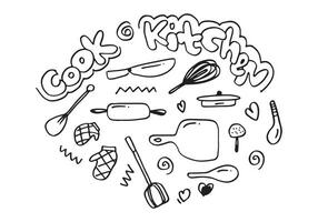 mano dibujado cocina garabatos icono colocar. Cocinando herramientas y cocina icono recopilación. vector