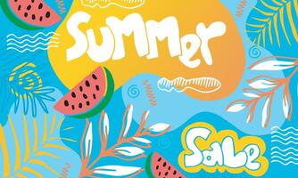 Summer sale banner template with doodle style. An abstract summer with palm leaves and doodle element. Promo badge for your seasonal designs. vector