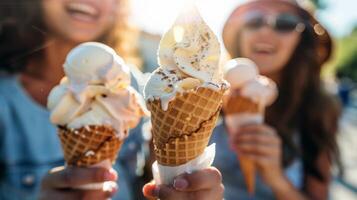 hielo crema conos siendo disfruté por grupo de amigos, derritiendo debajo el verano Dom foto