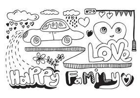 garabatear ilustración de dibujos animados contento familia auto, nube, corazón y texto. garabatear línea Arte estilo diseño para coche ,póster, impresión y concepto. vector