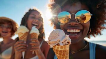 hielo crema conos siendo disfruté por grupo de amigos, derritiendo debajo el verano Dom foto