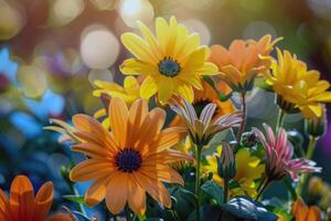 vibrante flores floreciente en jardín, remojo arriba el verano Brillo Solar foto