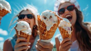 hielo crema conos siendo disfruté por grupo de amigos, derritiendo debajo el verano Dom foto