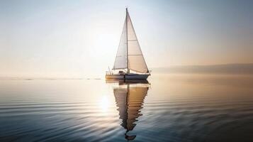 Sailboat drifting lazily on calm lake, its sails billowing in the gentle summer breeze photo