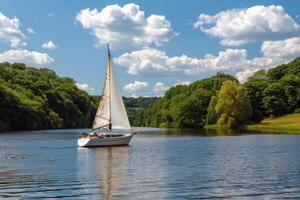 Sailboat drifting lazily on calm lake, its sails billowing in the gentle summer breeze photo