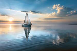 Sailboat drifting lazily on calm lake, its sails billowing in the gentle summer breeze photo