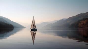 Sailboat drifting lazily on calm lake, its sails billowing in the gentle summer breeze photo