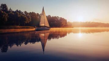 Sailboat drifting lazily on calm lake, its sails billowing in the gentle summer breeze photo