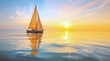 Sailboat drifting lazily on calm lake, its sails billowing in the gentle summer breeze photo