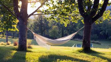 Woman relaxing in a hammock strung between two palm trees, a book in her hand photo