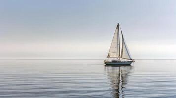 Sailboat drifting lazily on calm lake, its sails billowing in the gentle summer breeze photo