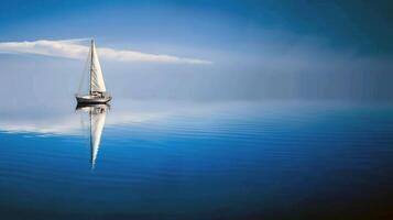 Sailboat drifting lazily on calm lake, its sails billowing in the gentle summer breeze photo