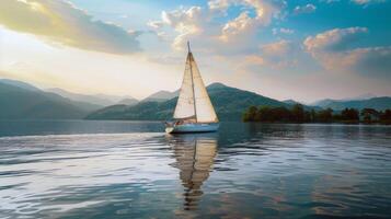 Sailboat drifting lazily on calm lake, its sails billowing in the gentle summer breeze photo