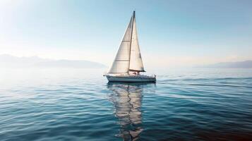 Sailboat drifting lazily on calm lake, its sails billowing in the gentle summer breeze photo