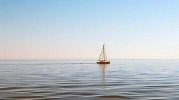 Sailboat drifting lazily on calm lake, its sails billowing in the gentle summer breeze photo