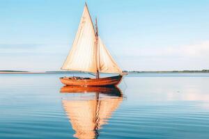 Sailboat drifting lazily on calm lake, its sails billowing in the gentle summer breeze photo