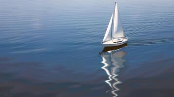 Sailboat drifting lazily on calm lake, its sails billowing in the gentle summer breeze photo