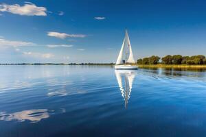 Sailboat drifting lazily on calm lake, its sails billowing in the gentle summer breeze photo