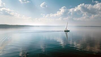 Sailboat drifting lazily on calm lake, its sails billowing in the gentle summer breeze photo