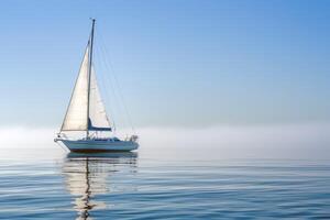 Sailboat drifting lazily on calm lake, its sails billowing in the gentle summer breeze photo