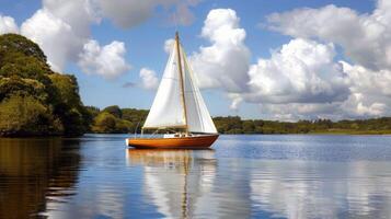velero a la deriva perezosamente en calma lago, sus paño ondulante en el amable verano brisa foto