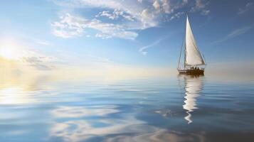 Sailboat drifting lazily on calm lake, its sails billowing in the gentle summer breeze photo