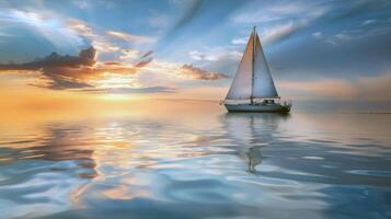 Sailboat drifting lazily on calm lake, its sails billowing in the gentle summer breeze photo